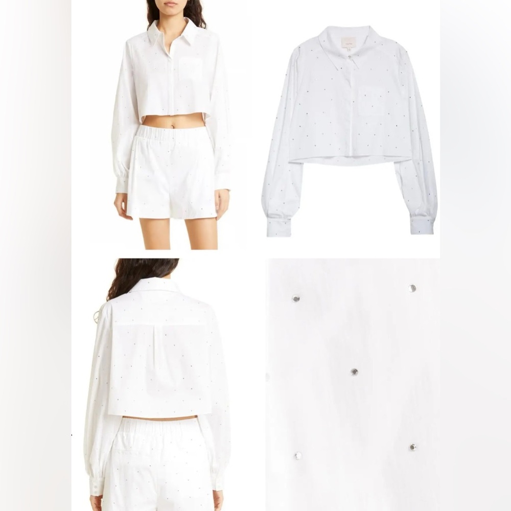 NWT Cinq à Sept Selina Rhinestone Crop Shirt White – Size XS